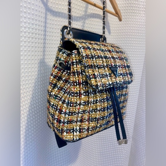 Women’s‎ GUESS convertible Cessily black and yellow Tweed Backpack purse bag - Picture 6 of 16